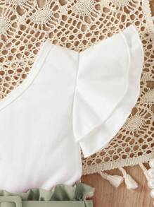Conjunto De Blusa De Manga Corta Para Bebé Con Cuello Asimétrico Y Volantes Con Pantalones Cortos Con Cintura De Papel Para Niña - Multicolor - Ver 3