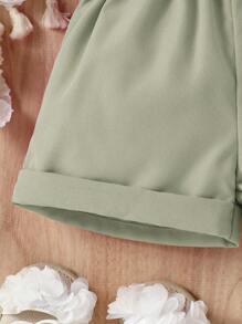 Conjunto De Blusa De Manga Corta Para Bebé Con Cuello Asimétrico Y Volantes Con Pantalones Cortos Con Cintura De Papel Para Niña - Multicolor - Ver 5