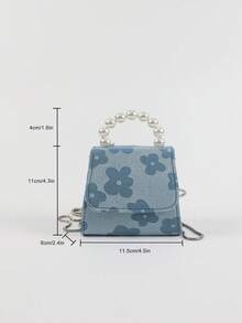 迷你花卉圖案人造珍珠裝飾翻蓋方包時尚藍色 - 藍色 - 查看 3