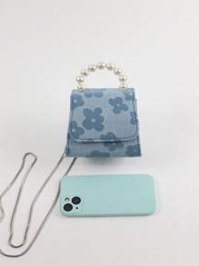 迷你花卉圖案人造珍珠裝飾翻蓋方包時尚藍色 - 藍色 - 查看 4