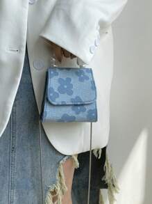 迷你花卉圖案人造珍珠裝飾翻蓋方包時尚藍色 - 藍色 - 查看 6