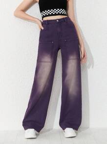 Bé Gái Quần Jeans Nút Túi Dây kéo màu trơn - Màu tím - Xem 1