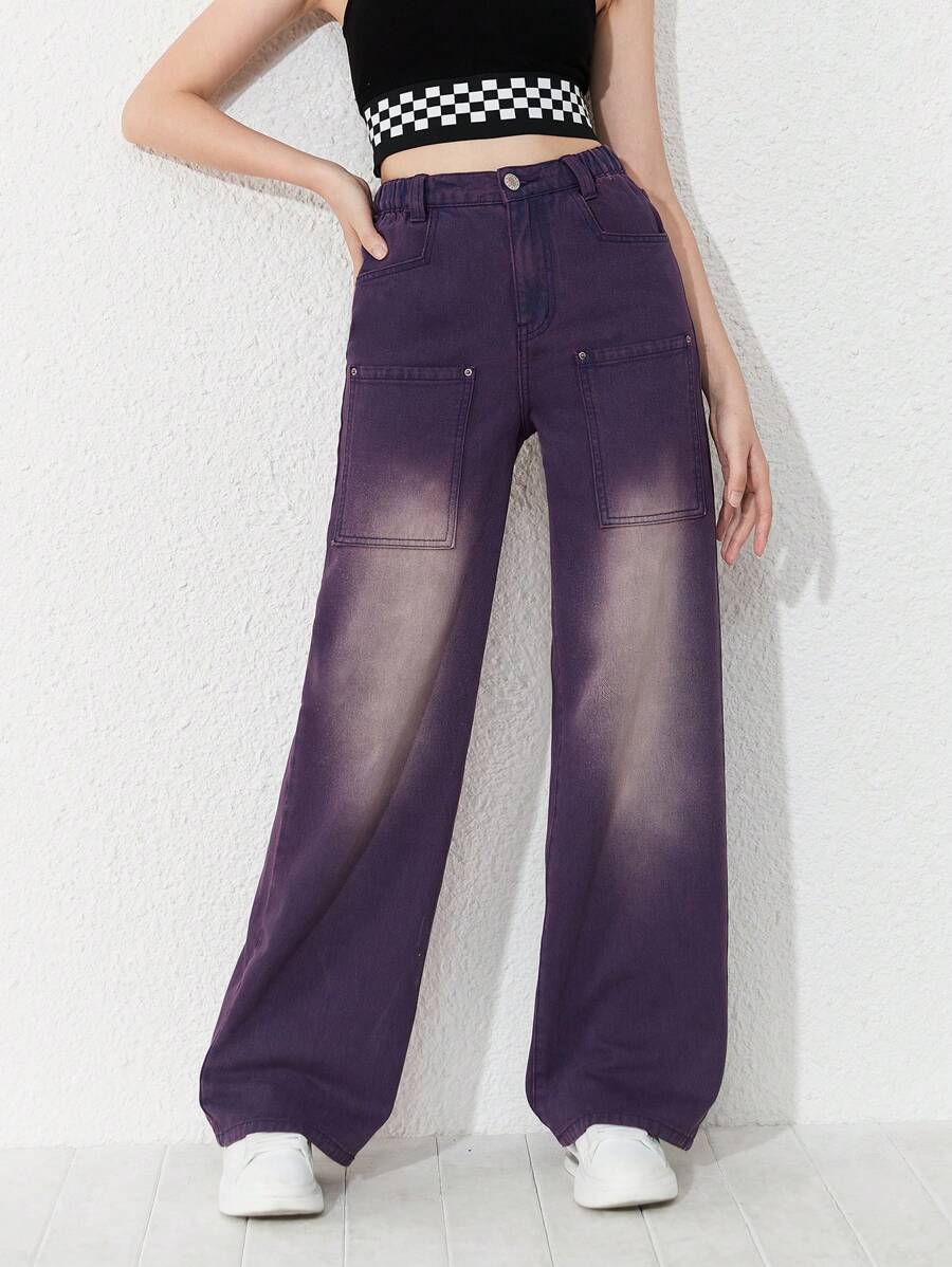 Bé Gái Quần Jeans Nút Túi Dây kéo màu trơn - Màu tím - Xem 1