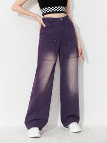 Bé Gái Quần Jeans Nút Túi Dây kéo màu trơn - Màu tím - Xem 3