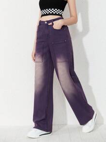 Bé Gái Quần Jeans Nút Túi Dây kéo màu trơn - Màu tím - Xem 5