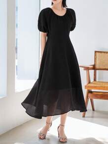 DAZY 素色泡泡袖A字洋裝 - 黑色 - 查看 2