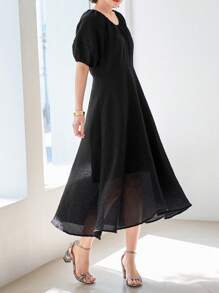 DAZY 素色泡泡袖A字洋裝 - 黑色 - 查看 3