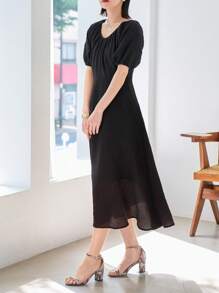 DAZY 素色泡泡袖A字洋裝 - 黑色 - 查看 5