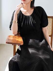 DAZY 素色泡泡袖A字洋裝 - 黑色 - 查看 7