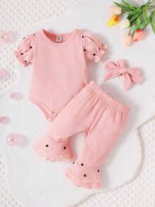 嬰兒泡泡袖連體衣和喇叭褲和頭巾 - 粉色 - 查看 1