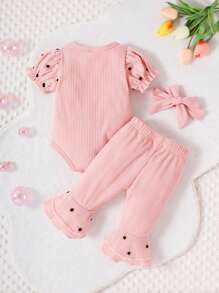 嬰兒泡泡袖連體衣和喇叭褲和頭巾 - 粉色 - 查看 2