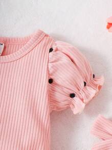 嬰兒泡泡袖連體衣和喇叭褲和頭巾 - 粉色 - 查看 3