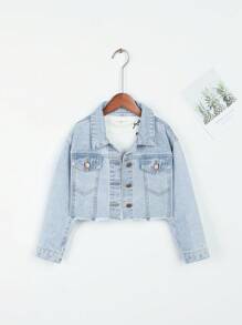 女孩1入組毛邊牛仔夾克 - 淺色水洗藍 - 查看 1