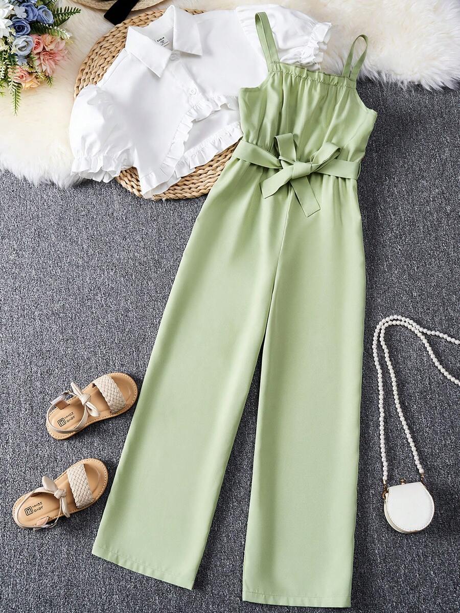 SHEIN Fille manches bouffantes à volants T-shirt & Combinaison à fines brides - Multicolore - Voir 1