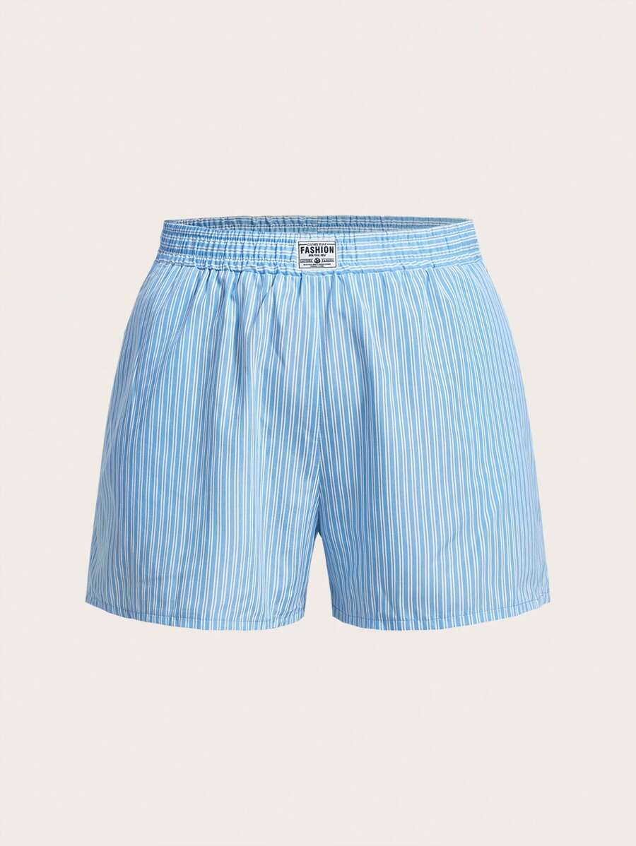 SHEIN EZwear Quần Short kích thước lớn Đắp vá Lá thư Sọc Giải trí - Màu xanh lam - Xem 1