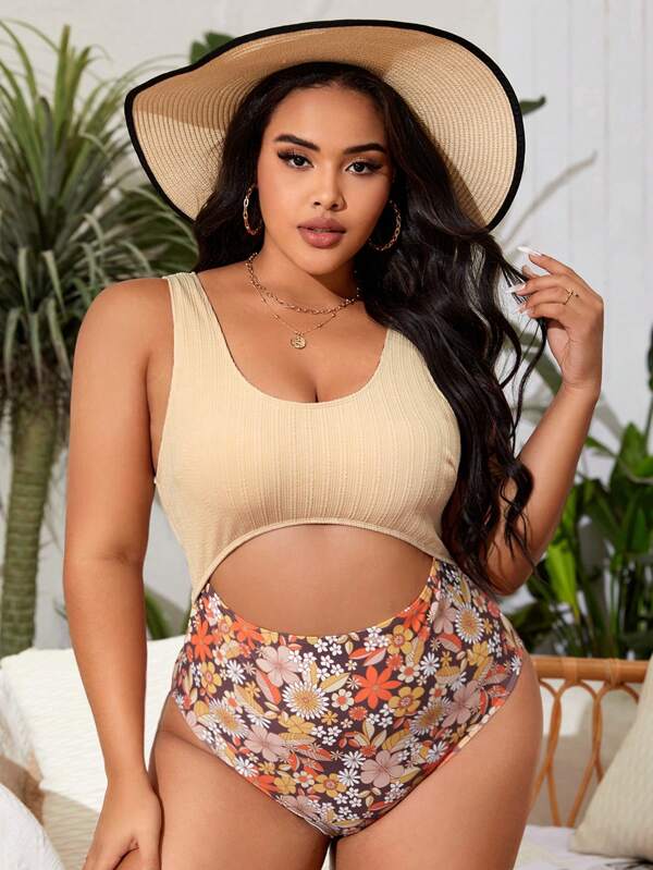 SHEIN Plus Floral Print Cut Out Front One Piece Swimsuit SHEIN USA