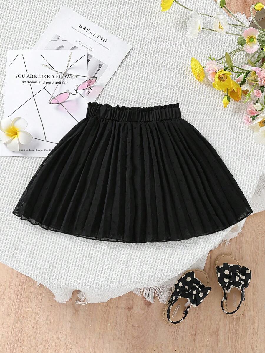 SHEIN 小女童紙袋腰百褶半身裙 - 黑色 - 查看 1