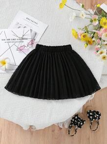 SHEIN 小女童紙袋腰百褶半身裙 - 黑色 - 查看 2