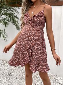 SHEIN Maternity Ditsy Floral Print Ruffle Trim Wrap Knot Side Cami Dress