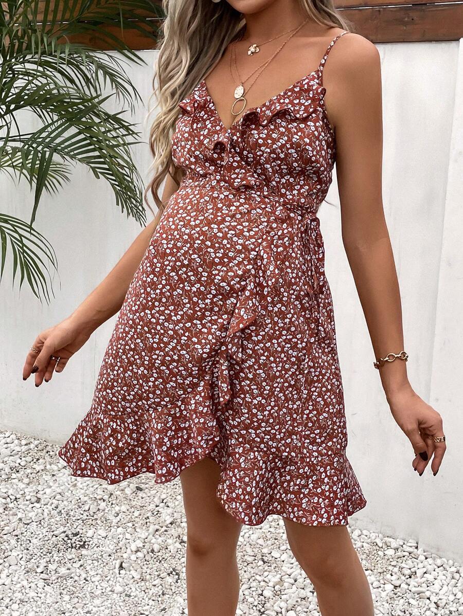 SHEIN Maternity Ditsy Floral Print Ruffle Trim Wrap Knot Side Cami Dress