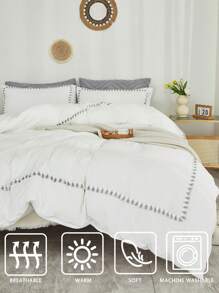 三件套白色床上用品，波西米亚农舍风格，纯色荷叶边被套套装，柔软透气轻盈的超细纤维被套，男女通用，1 个带拉链的被套，2 个枕套（不含被芯、床笠和床单） - 白色 - 查看 7