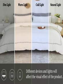 三件套白色床上用品，波西米亚农舍风格，纯色荷叶边被套套装，柔软透气轻盈的超细纤维被套，男女通用，1 个带拉链的被套，2 个枕套（不含被芯、床笠和床单） - 白色 - 查看 8