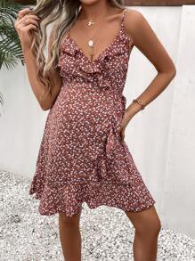 SHEIN Maternity Ditsy Floral Print Ruffle Trim Wrap Knot Side Cami Dress