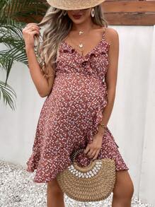 SHEIN Maternity Ditsy Floral Print Ruffle Trim Wrap Knot Side Cami Dress