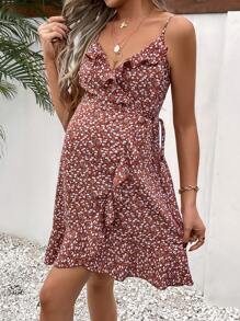 SHEIN Maternity Ditsy Floral Print Ruffle Trim Wrap Knot Side Cami Dress