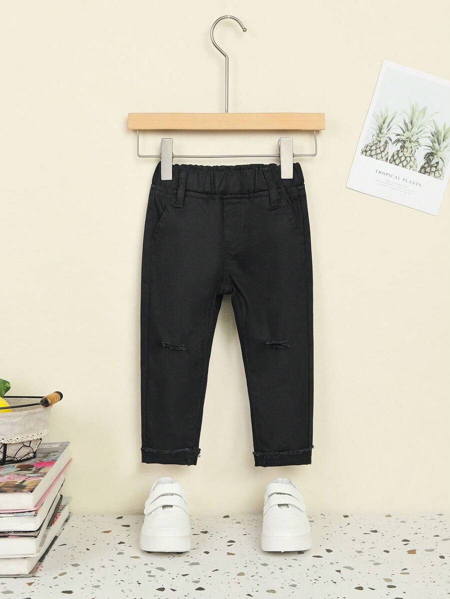 Pantalones Rasgados Para Bebé Con Cintura Elástica Para Niñas - Negro - Ver 1