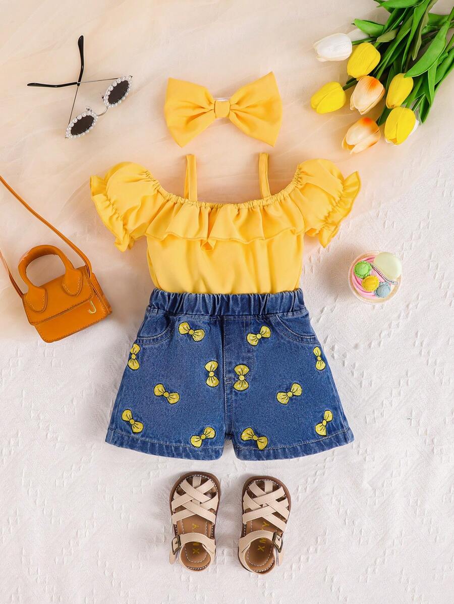 Baby Girl Cold Shoulder Ruffle Trim Top & Bow Embroidery Denim Shorts & Headband Set - Multicolor - View 1