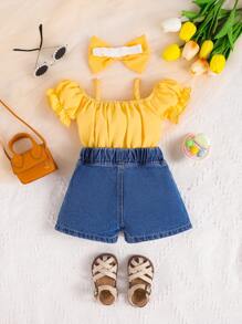 Baby Girl Cold Shoulder Ruffle Trim Top & Bow Embroidery Denim Shorts & Headband Set - Multicolor - View 2