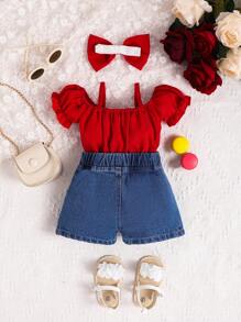 SHEIN Playful Pals Baby Girl Cold Shoulder Ruffle Trim Top & Bow Embroidery Denim Shorts & Headband