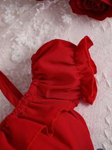 SHEIN Playful Pals Baby Girl Cold Shoulder Ruffle Trim Top & Bow Embroidery Denim Shorts & Headband