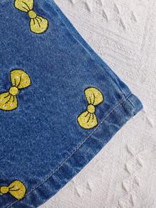 Baby Girl Cold Shoulder Ruffle Trim Top & Bow Embroidery Denim Shorts & Headband Set - Multicolor - View 5