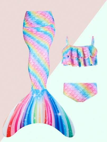 Sparklyn Young Girl Gradient Fish Scale Print Flounce Bikini Set And Mermaid Tail, Summer Beach Holiday  Unicorn Swimsuits Kids Kids Bathing Suits 2 Piece Girl Unicorn Bathing Suite Unicorn Two Piece Swimsuit Cute Unicorn Swimsuit For Kids Swimsuits Suitable For Girls Aged 4-7 Mermaid Tail Swimsuit Mermaid Clothes Mermaid Bikini Mermaid Accessories Ocean Themed Swimsuit For Toddler Gir Cute Swimsuit For Toddler Gir Rainbow Two Piece Kids Mermaid Swimsuit Rainbow Mermaid Tail