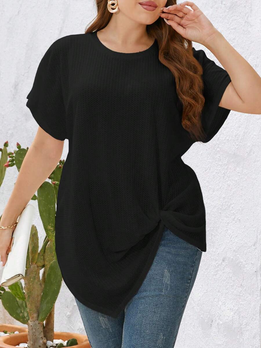 SHEIN LUNE Plus Twist Hem Waffle Knit Tee - Black - View 1