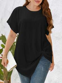 SHEIN LUNE Plus Twist Hem Waffle Knit Tee - Black - View 4