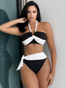 Two Tone Halter Bikini Set For Summer Beach - Black and White - View 1