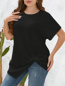 SHEIN LUNE Plus Twist Hem Waffle Knit Tee - Black - View 5