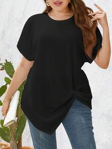 SHEIN LUNE Plus Twist Hem Waffle Knit Tee - Black - View 6
