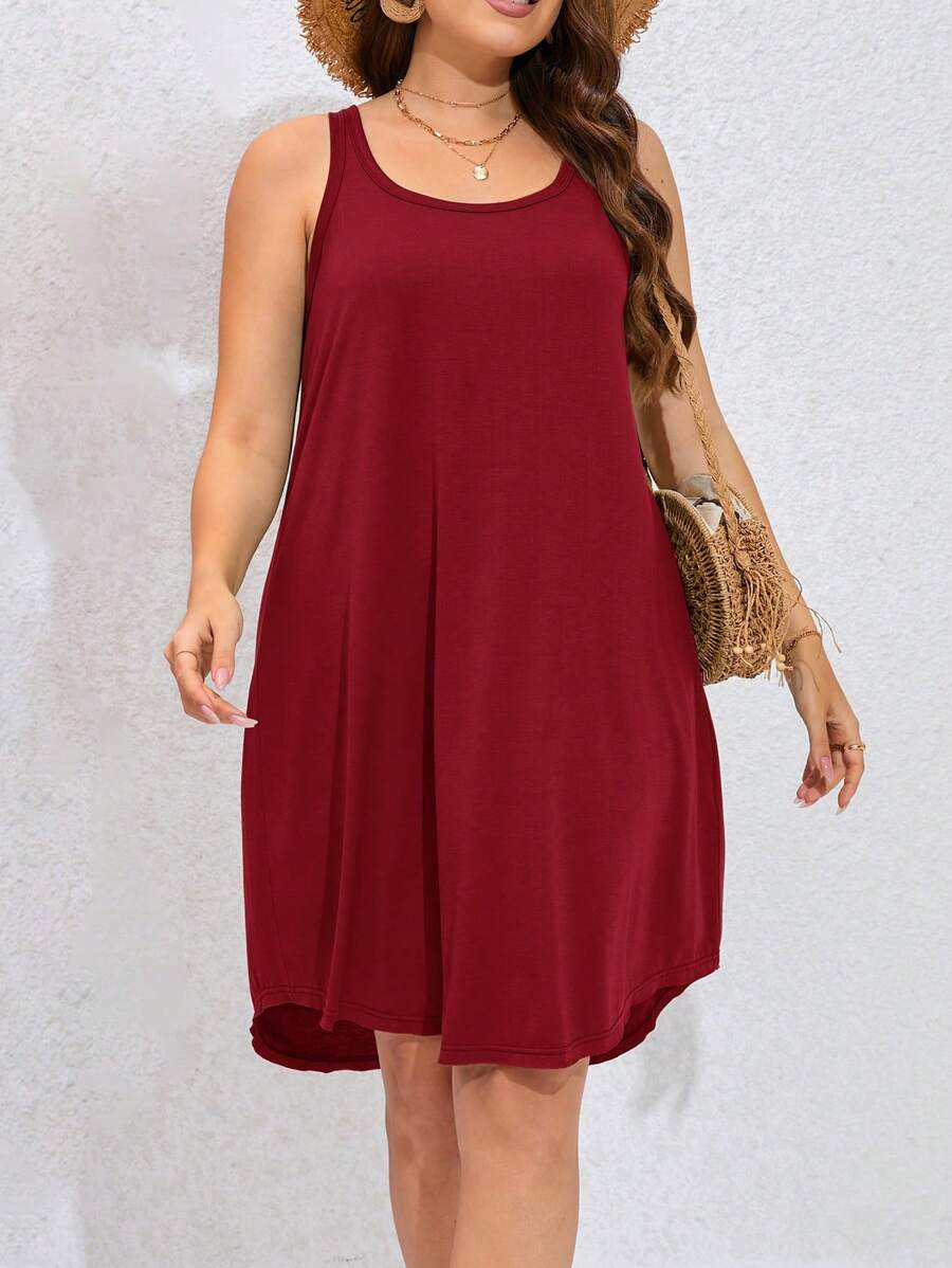 SHEIN LUNE 大碼素色背心洋裝 - 酒紅色 - 查看 1