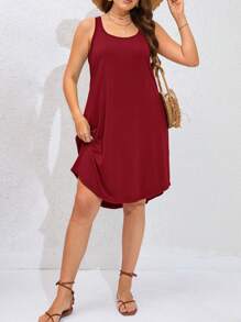 SHEIN LUNE 大碼素色背心洋裝 - 酒紅色 - 查看 4