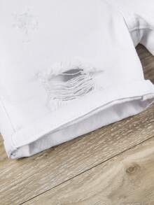 Pantalones Cortos De Mezclilla Desgastados Con Dobladillo Enrollado Para Niños Jóvenes - Blanco - Ver 6
