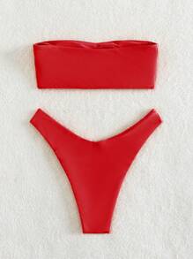 SHEIN Swim 2 件套女士纯色抹胸性感比基尼泳装，适合海滩度假村 2025 年夏季 - 紅色 - 查看 2