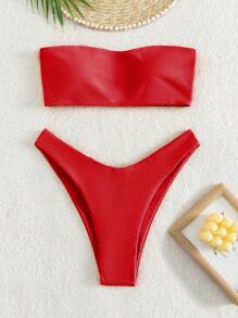 SHEIN Swim 2 件套女士纯色抹胸性感比基尼泳装，适合海滩度假村 2025 年夏季 - 紅色 - 查看 5