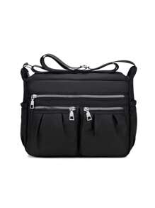 Minimalista Multi-Compartimento Bolsa Quadrada Zíper Frontal Detalhe Franzido O Saco Da Escola Para , Garotas Adolescentes , , , & Em Colégio , Universidade & Ensino Secundário , Perfeito Para Outdoors , Viajar Por & Voltar Para Escola