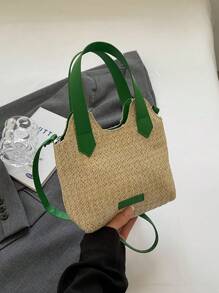 字母貼飾草編包度假雙色 - 綠色 - 查看 1