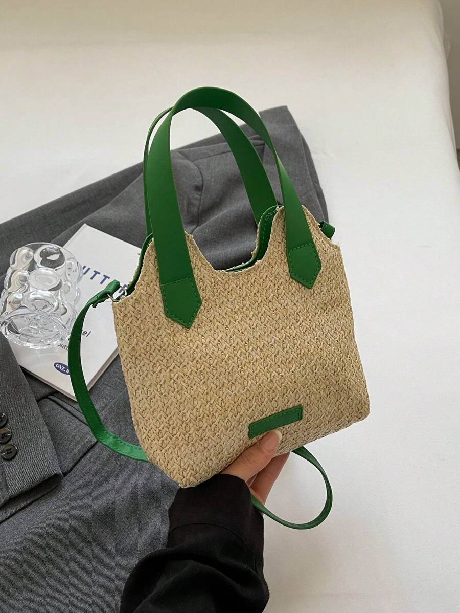 字母貼飾草編包度假雙色 - 綠色 - 查看 1