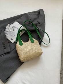 字母貼飾草編包度假雙色 - 綠色 - 查看 8